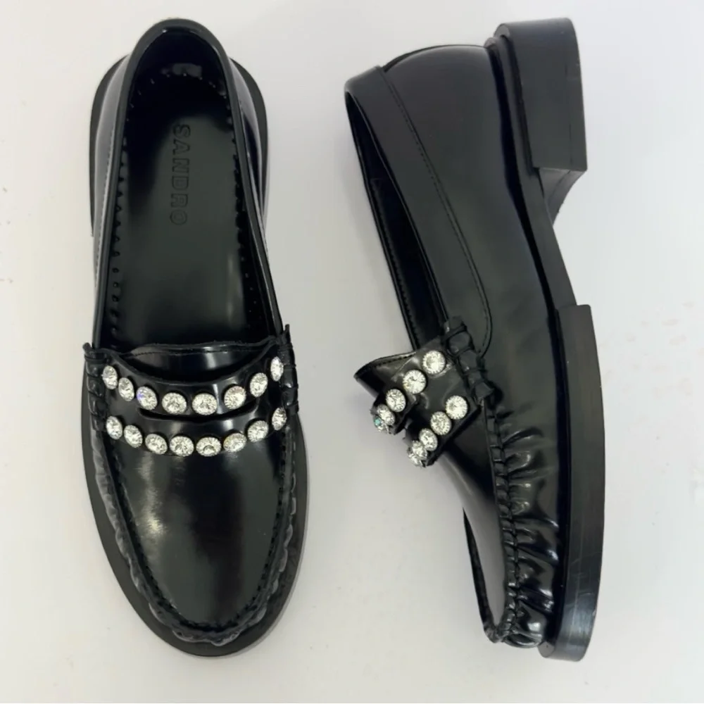 SANDRO Crystal-Embellished Patent-Leather Women’s Black Slip On Loafers Size 5